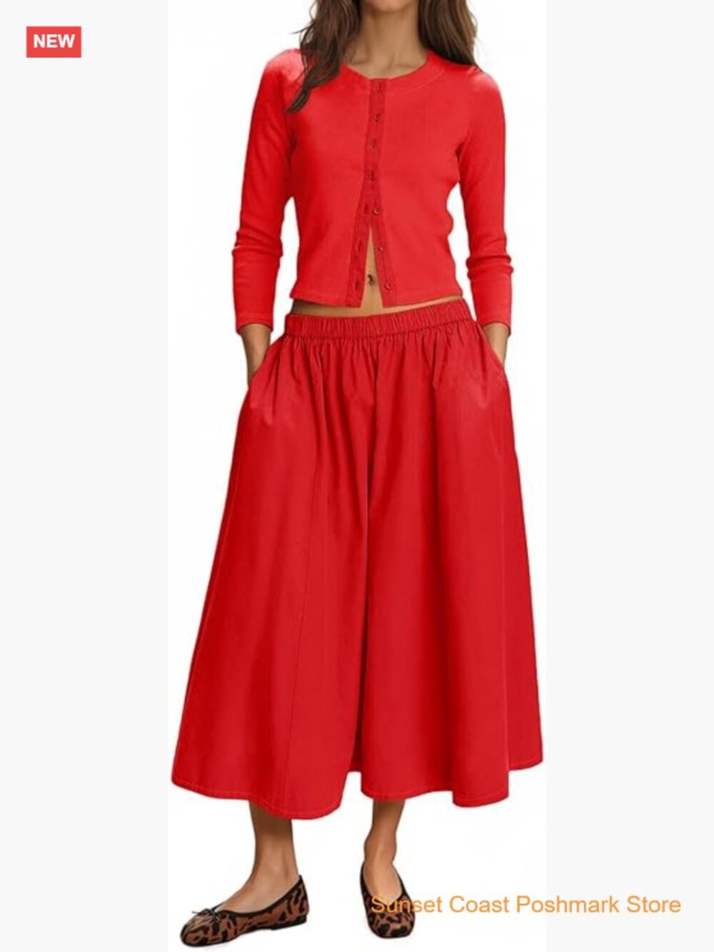 Womens 2 Piece Skirt Sets 3/4 Sleeve Knit Cardigan Elastic Waist Midi Skirt
